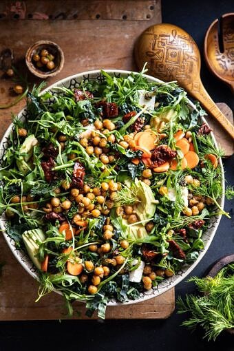 Super Green Sun-Dried Tomato Herb Salad with Crispy Chickpeas | halfbakedharvest.com #healthyrecipes #salad #easyrecipes #chickpeas #feta