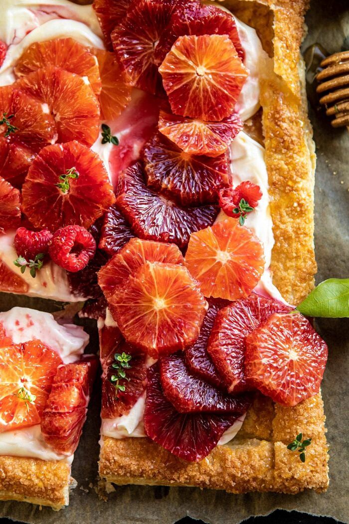 The Simplest Ombrè Citrus Cream Tart | halfbakedharvest.com #dessert #winter #citrus #healthyrecipes #easyrecipes overhead phot of The Simplest Ombrè Citrus Cream Tart