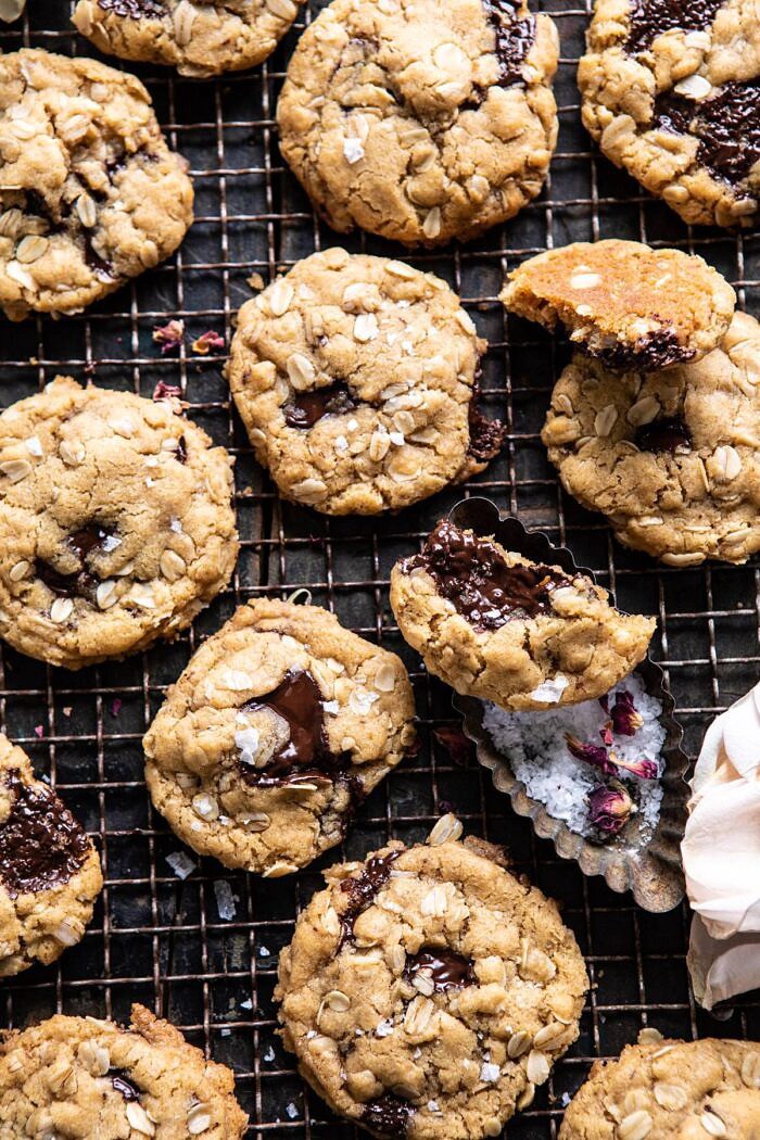 Peanut Butter Chocolate Chunk Oatmeal Cookies | halfbakedharvest.com #cookies #oatmeal #easyrecipes #dessert #chocolate