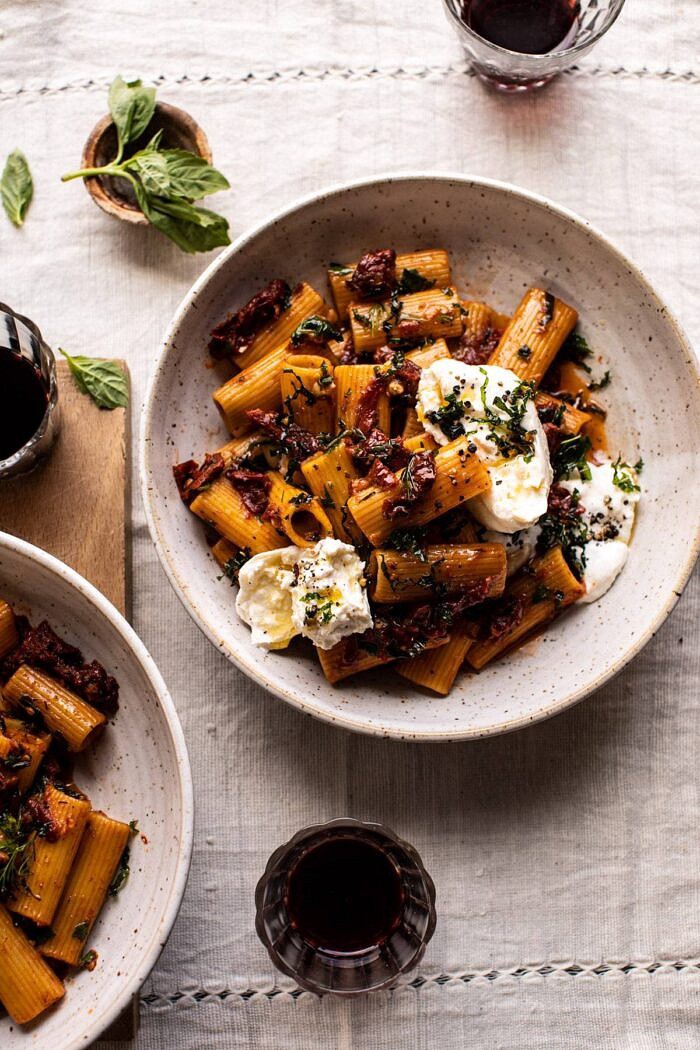 Quick Pantry Pasta with Sun-Dried Tomatoes and Burrata | halfbakedharvest.com #pasta #pantrypasta #easyrecipes #Italian #dinner overhead photo of Quick Pantry Pasta with Sun-Dried Tomatoes and Burrata