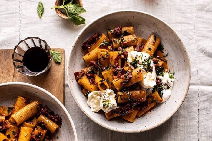 Quick Pantry Pasta with Sun-Dried Tomatoes and Burrata | halfbakedharvest.com #pasta #pantrypasta #easyrecipes #Italian #dinner horizontal photo of Quick Pantry Pasta with Sun-Dried Tomatoes and Burrata
