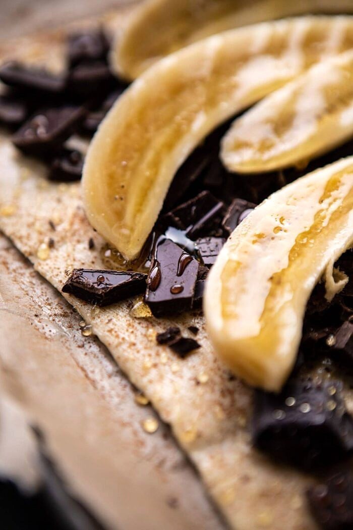 Warm Chocolate Banana Galette before baking with bananas on top 