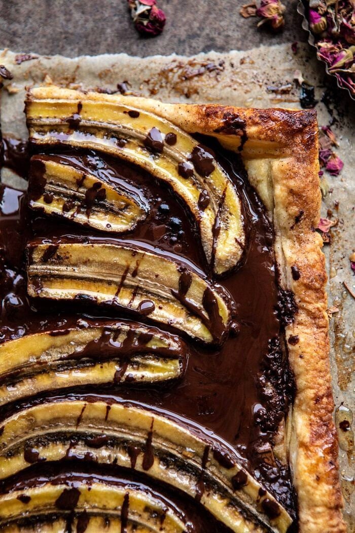 overhead close up photo of Warm Chocolate Banana Galette 