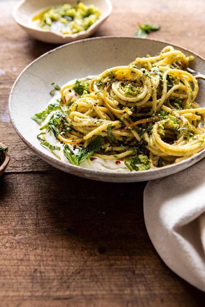 side angle photo of Broccoli Pesto Pasta with Whipped Ricotta