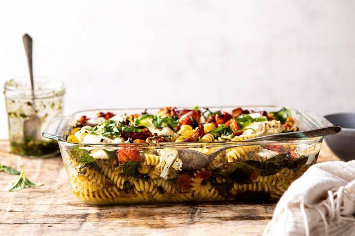horizontal photo of Caprese Pesto Pasta Bake