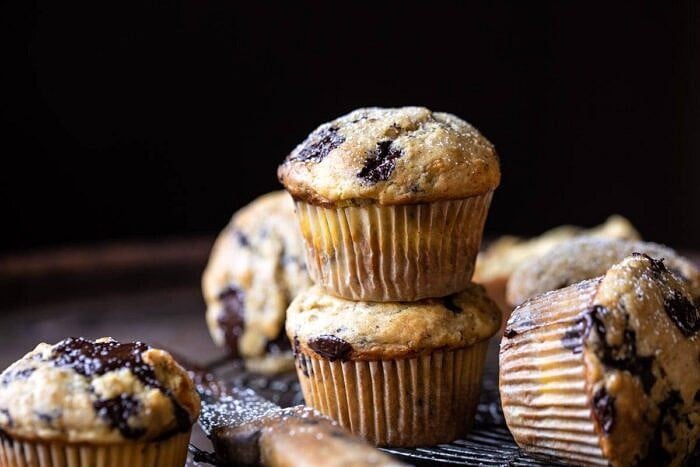 horizontal photo of Cheesecake Stuffed Chocolate Chunk Banana Bread Muffins