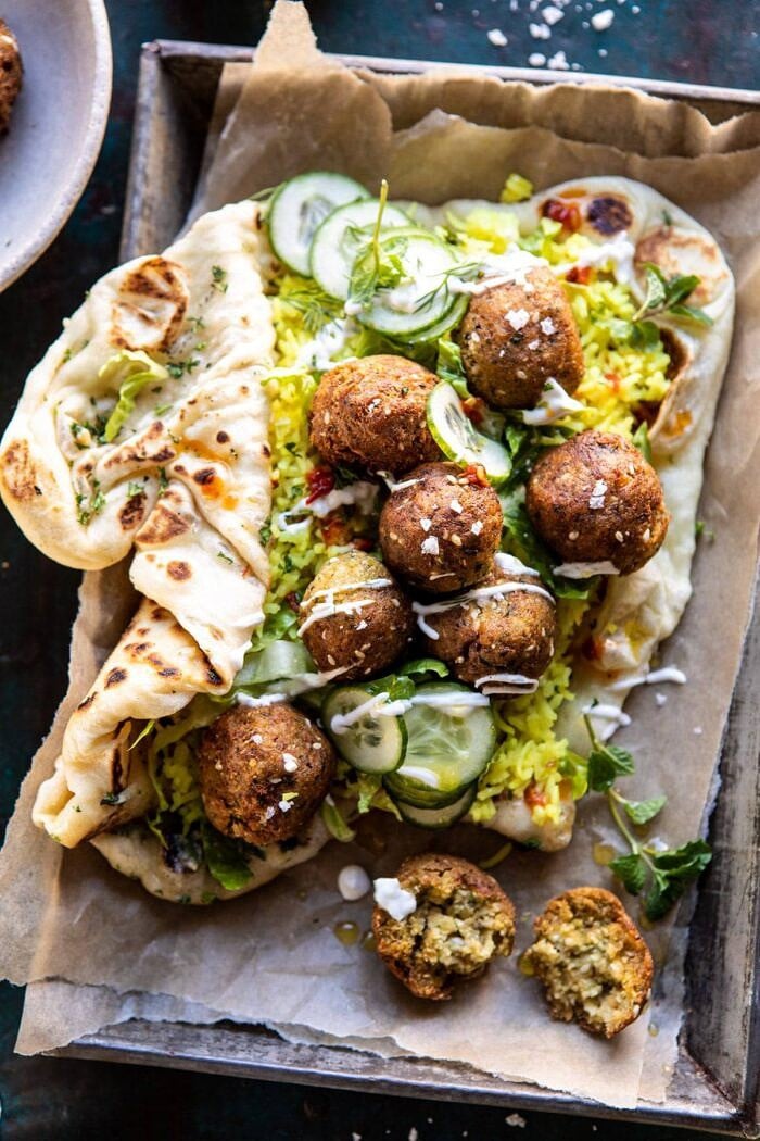 Falafel Naan Wraps with Golden Rice and Special Sauce | halfbakedharvest.com #falafel #wraps #middleeastern #vegan