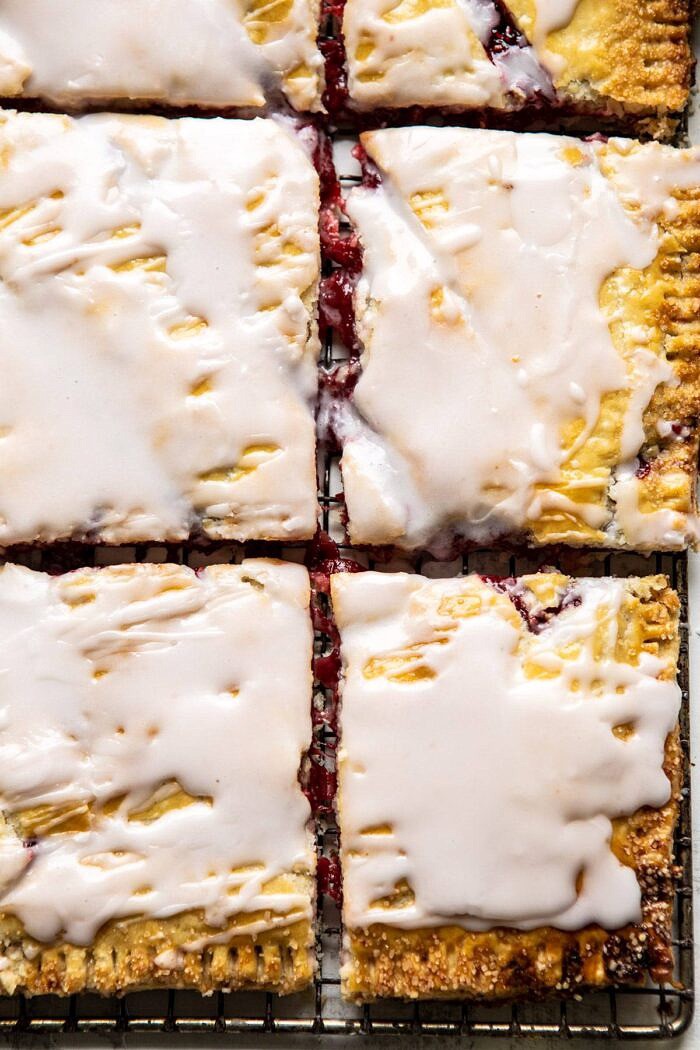 overhead close up photo of Giant Strawberries n' Cream Pop Tart 