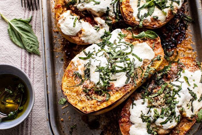 horizontal photo of Spicy Tomato Parmesan Stuffed Spaghetti Squash
