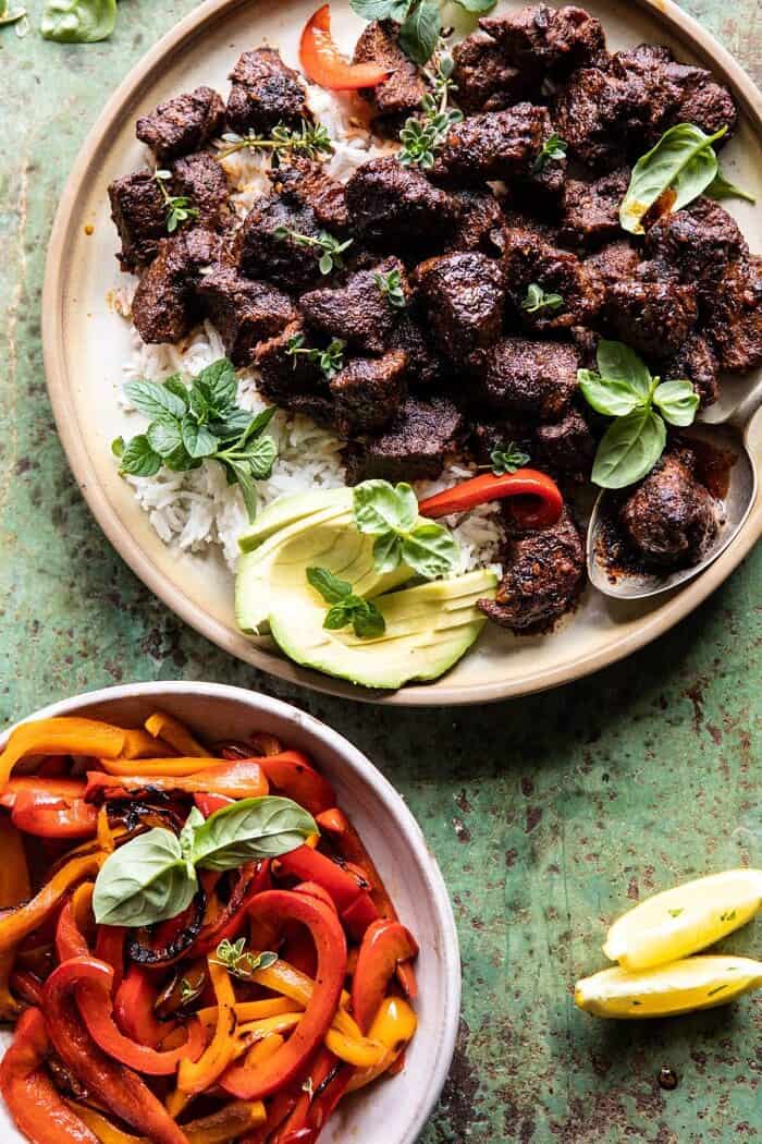 overhead close up photo of 30 Minute Cajun Butter Steak and Peppers 