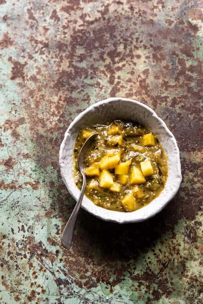 overhead photo of Roasted Pineapple Salsa Verde 