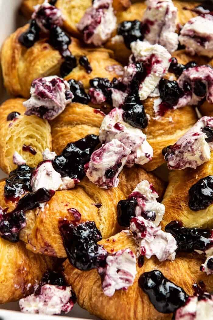 Berry and Cream Cheese Croissant French Toast Bake | halfbakedharvest.com #frenchtoast #brunch #easyrecipes #springrecipes #easter Berry and Cream Cheese Croissant French Toast Bake before baking