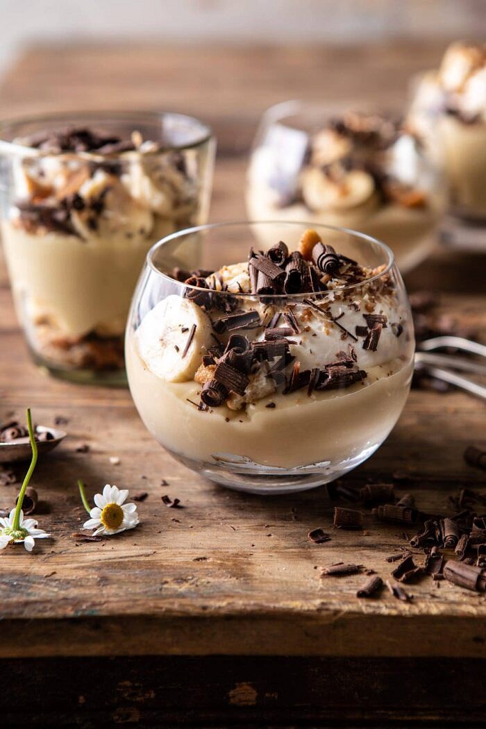 close up side angled photo of Coconut Banana Cream Pie Parfaits