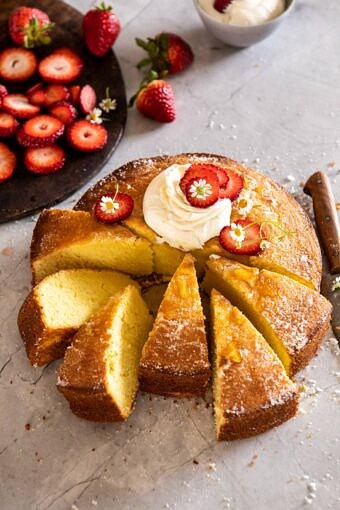 Strawberry Chamomile Olive Oil Cake with Honeyed Ricotta | halfbakedharvest.com #cake #dessert #springrecipes #Easter #strawberry