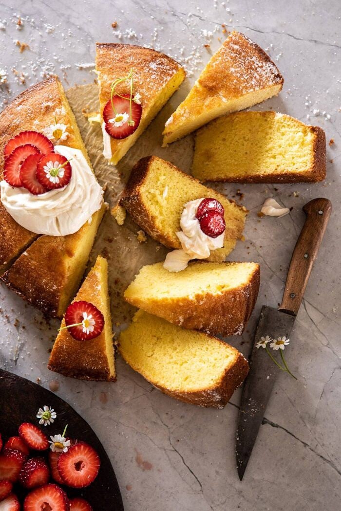overhead close up photo of Strawberry Chamomile Olive Oil Cake with Honeyed Ricotta