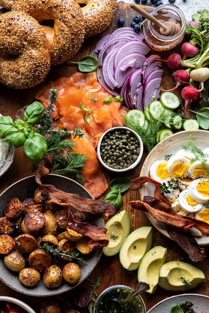 Ultimate Spring Brunch Board | halfbakedharvest.com #brunch #breakfast #potatoes #spring #summer #easter #mothersday overhead close up photo of Ultimate Spring Brunch Board