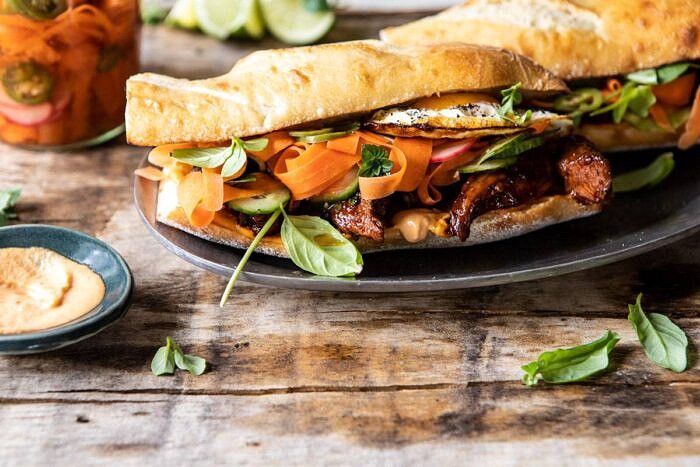 30 Minute Basil Chicken Banh Mi Sandwich | halfbakedharvest.com #easyrecipe #healthyrecipes #chicken #thai #Vietnamese 
