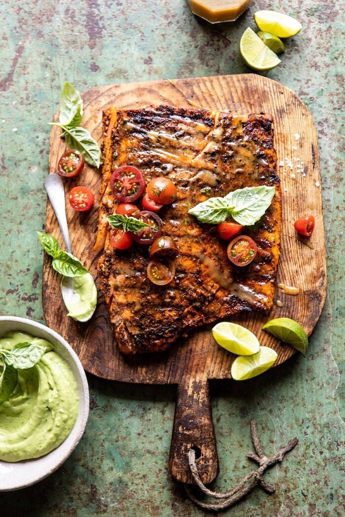 Honey Mustard Grilled Salmon with Avocado Basil Sauce | halfbakedharvest.com #grilling #salmon #summer #healthyrecipes