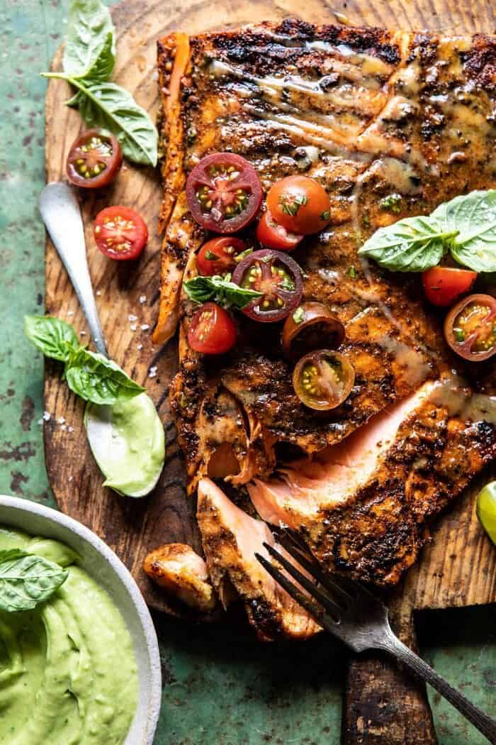 Honey Mustard Grilled Salmon with Avocado Basil Sauce | halfbakedharvest.com #grilling #salmon #summer #healthyrecipes