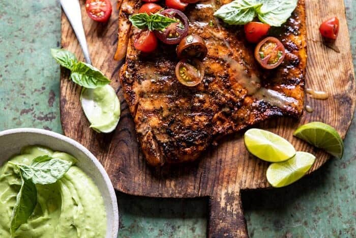 horizontal photo of Honey Mustard Grilled Salmon with Avocado Basil Sauce