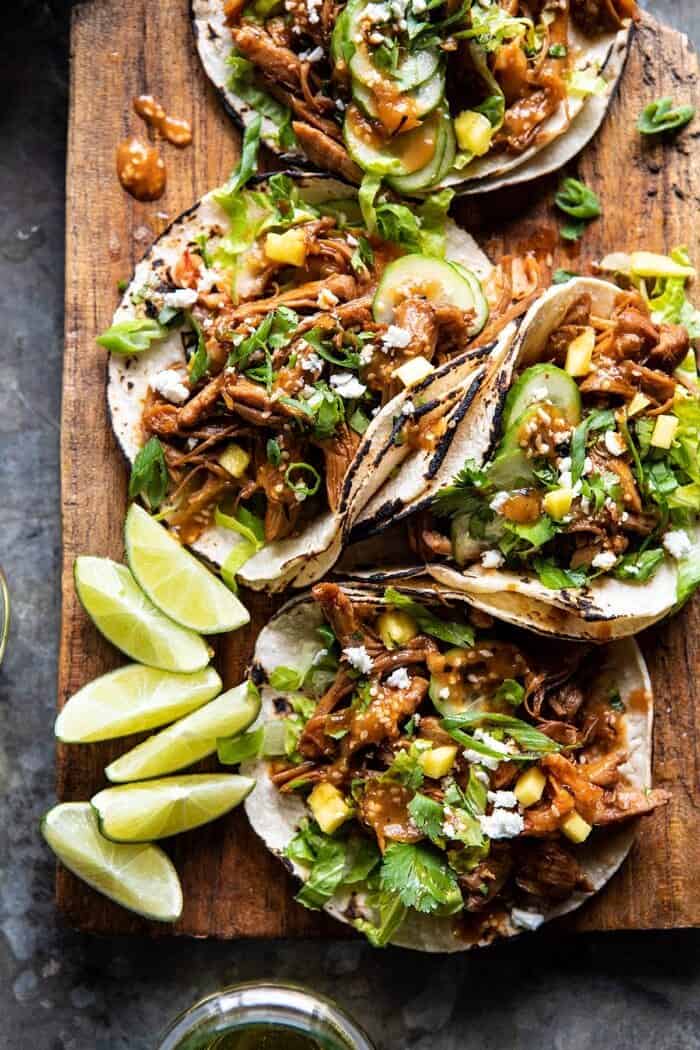 overhead close up photo of Instant Pot Korean Bulgogi BBQ Tacos 