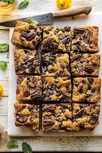 Kentucky Derby Pie Chocolate Chip Cookie Bars | halfbakedharvest.com #cookiebars #pecanpie #chocolatechip #dessert