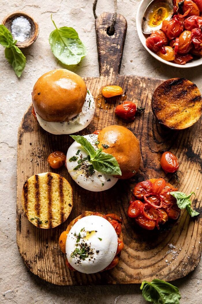 overhead close up photo of Roasted Caprese Burrata Sliders 