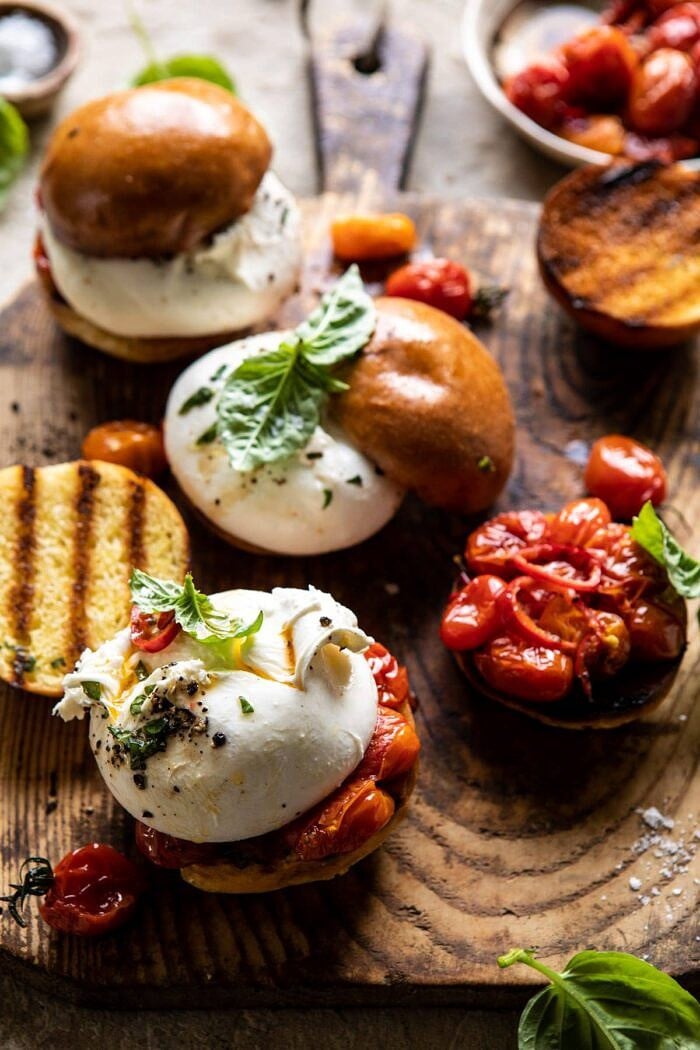 side angled photo of Roasted Caprese Burrata Sliders