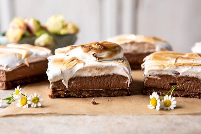 S'mores Chocolate Mousse Bars | halfbakedharvest.com #smores #dessert #chocolate #summerrecipes horizontal photo of S'mores Chocolate Mousse Bars