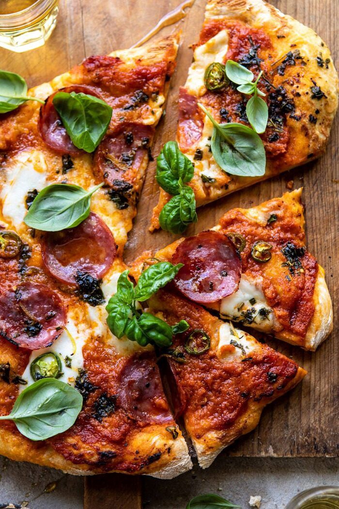 Sweet and Spicy Tomato Basil Pepperoni Pizza | halfbakedharvest.com #pizza #easyrecipes #cheese #summer #spring