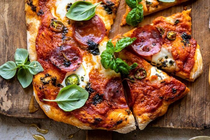 Sweet and Spicy Tomato Basil Pepperoni Pizza | halfbakedharvest.com #pizza #easyrecipes #cheese #summer #spring