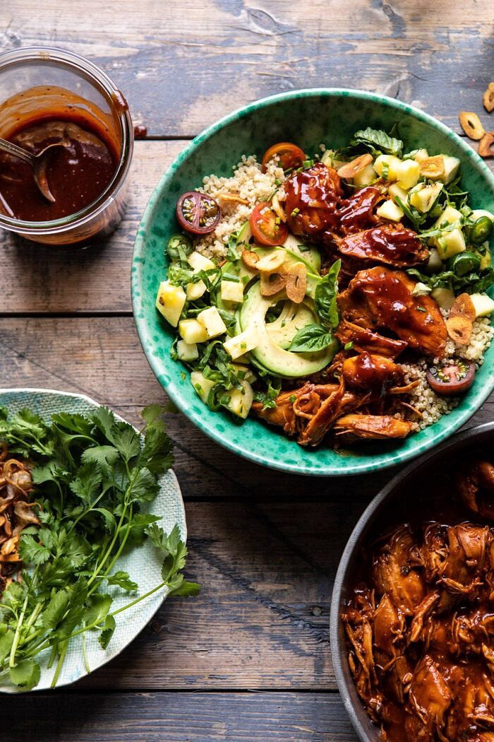 overhead photo of Weeknight Saucy Pineapple BBQ Chicken Bowls