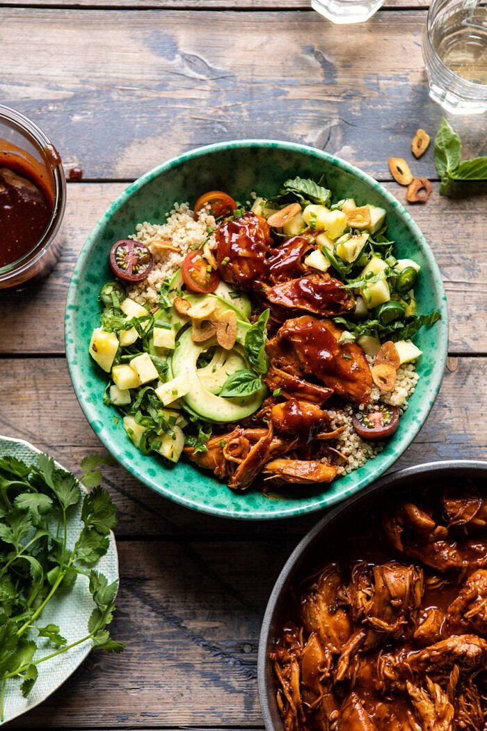 Weeknight Saucy Pineapple BBQ Chicken Bowls | halfbakedharvest.com #chicken #instantpot #slowcooker #pineapple #easyrecipes