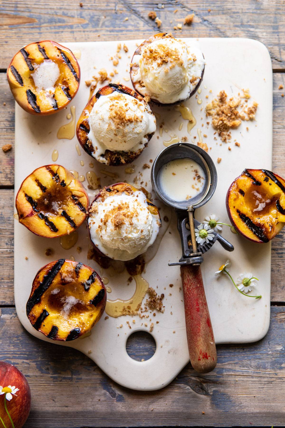 Browned Butter Grilled Peaches with Cinnamon Toast Brioche Crumbs | halfbakedharvest.com #summerrecipes #peaches #icecream #easyrecipes
