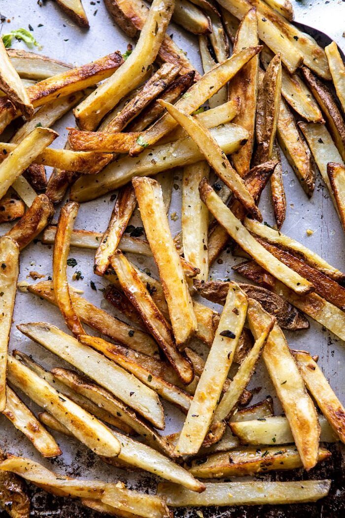 Garlic Fries on baking sheet