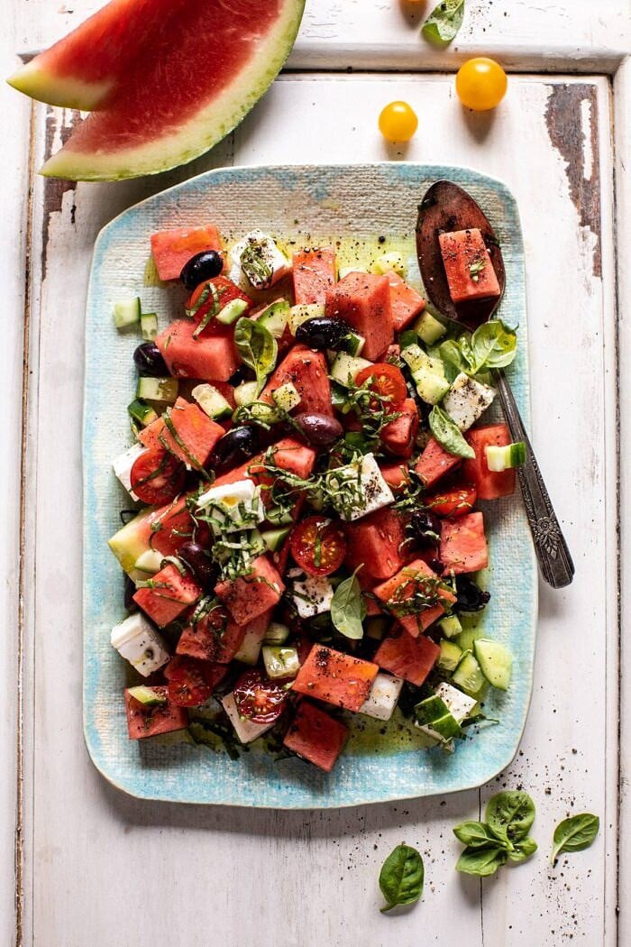Greek Watermelon Feta Salad with Basil Vinaigrette | halfbakedharvest.com #watermelon #summerrecipes #easyrecipes #healthy
