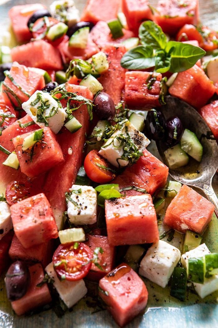 Greek Watermelon Feta Salad with Basil Vinaigrette | halfbakedharvest.com #watermelon #summerrecipes #easyrecipes #healthy