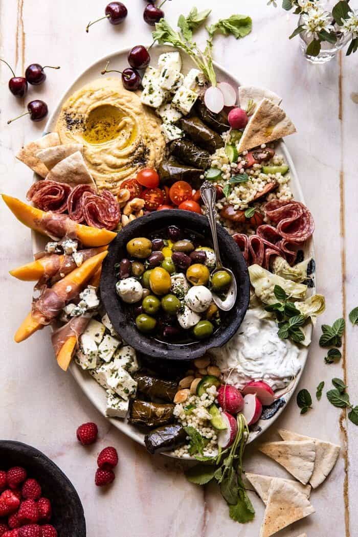 No Fuss Farmers Market Mezze Platter | halfbakedharvest.com #appetizer #easyrecipes #healthy #summer #4thofjuly overhead photo of No Fuss Farmers Market Mezze Platter