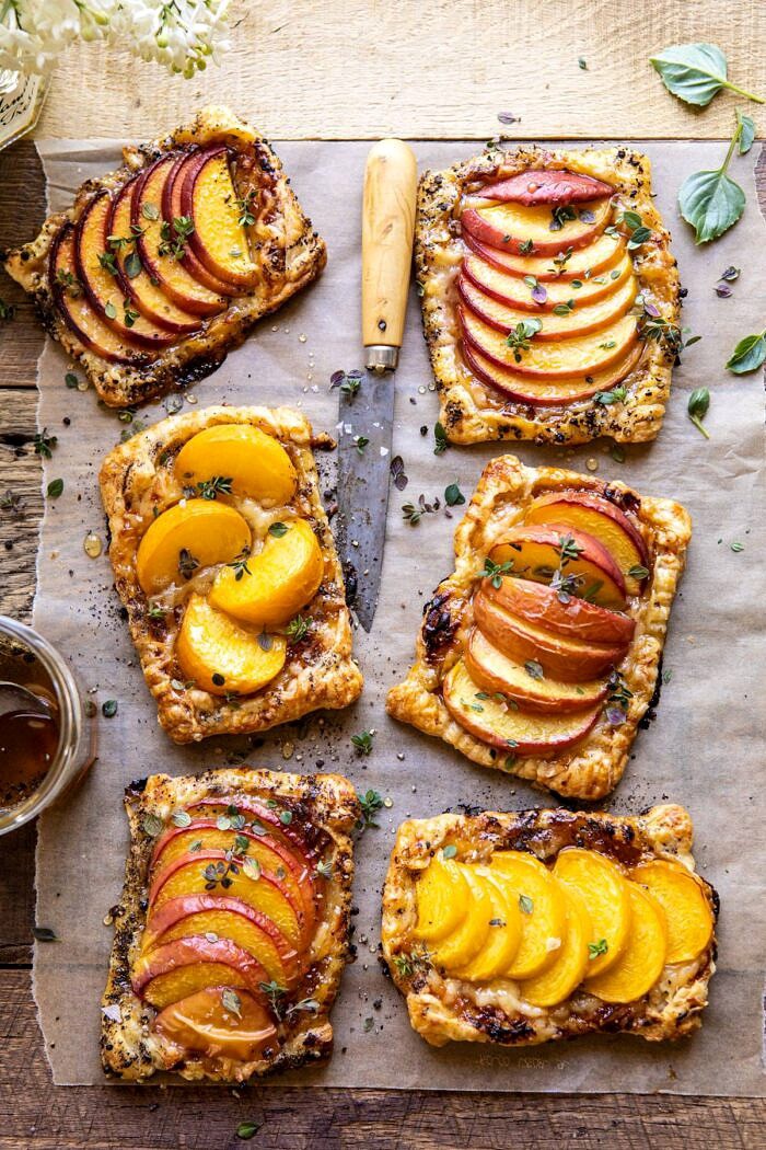 Peach Thyme Tarts | halfbakedharvest.com #peach #cheese #summer #appetizer overhead photo of Peach Thyme Tarts