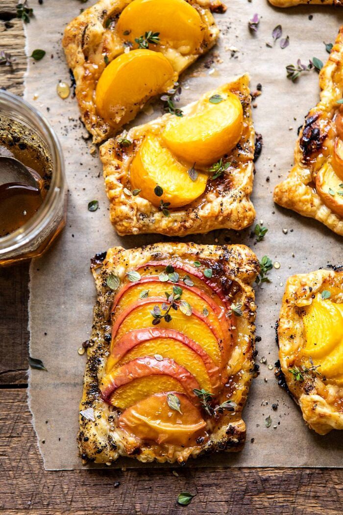 Peach Thyme Tarts | halfbakedharvest.com #peach #cheese #summer #appetizer overhead close up photo of Peach Thyme Tarts