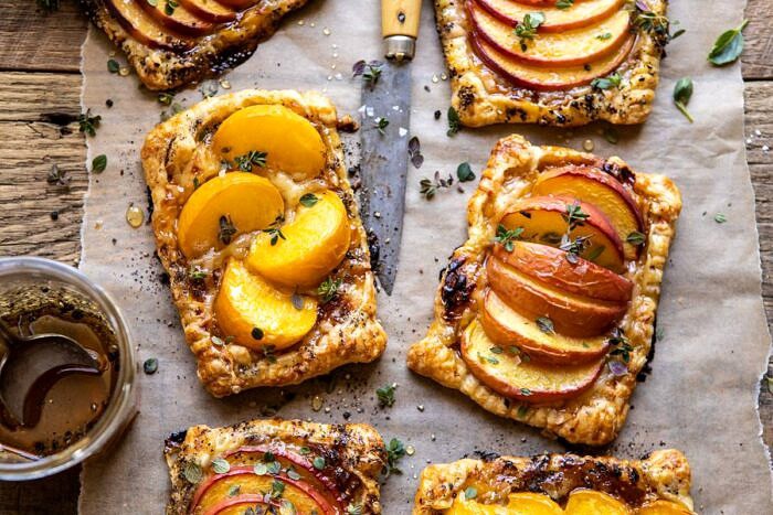 Peach Thyme Tarts | halfbakedharvest.com #peach #cheese #summer #appetizer horizontal photo of Peach Thyme Tarts
