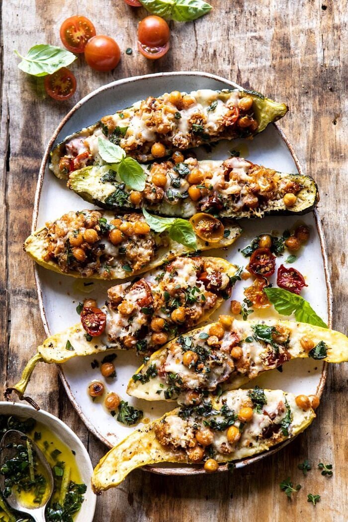 Spicy Chickpea and Cheese Stuffed Zucchini | halfbakedharvest.com #healthy #easyrecipes #summerrecipes #zucchini