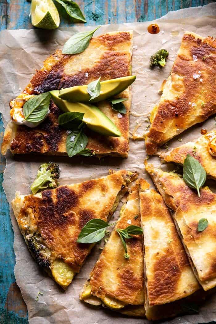 Broccoli Cheese Quesadilla with Chipotle Sesame Sauce | halfbakedharvest.com #quesadilla #easyrecipes #broccoli #mexican overhead close up photo of Broccoli Cheese Quesadilla with Chipotle Sesame Sauce