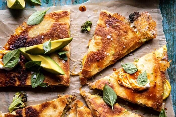 Broccoli Cheese Quesadilla with Chipotle Sesame Sauce | halfbakedharvest.com #quesadilla #easyrecipes #broccoli #mexican horizontal photo of Broccoli Cheese Quesadilla with Chipotle Sesame Sauce