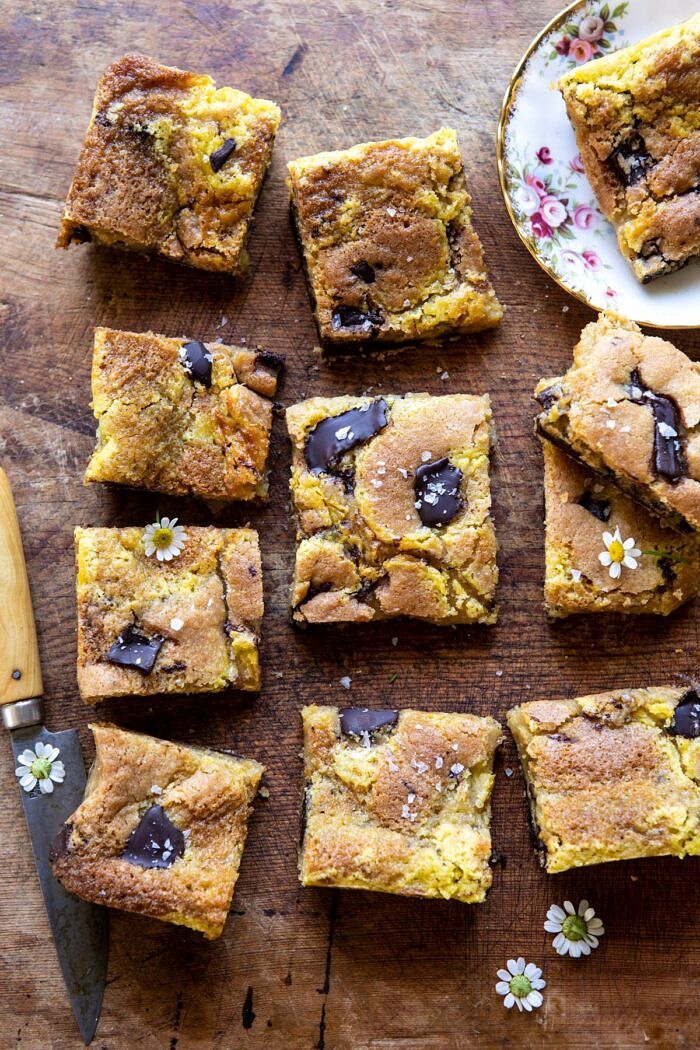 overhead photo of Crème Fraîche Chocolate Chunk Cookie Bars 