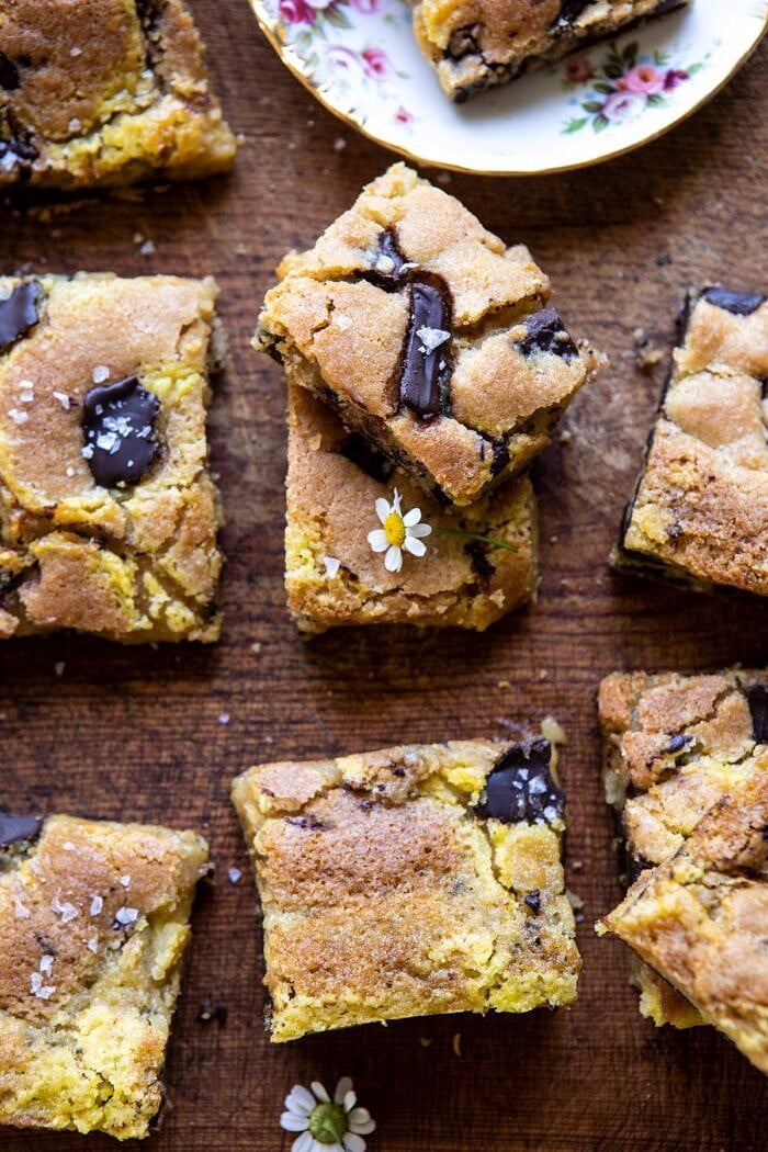 overhead close up photo of Crème Fraîche Chocolate Chunk Cookie Bars 