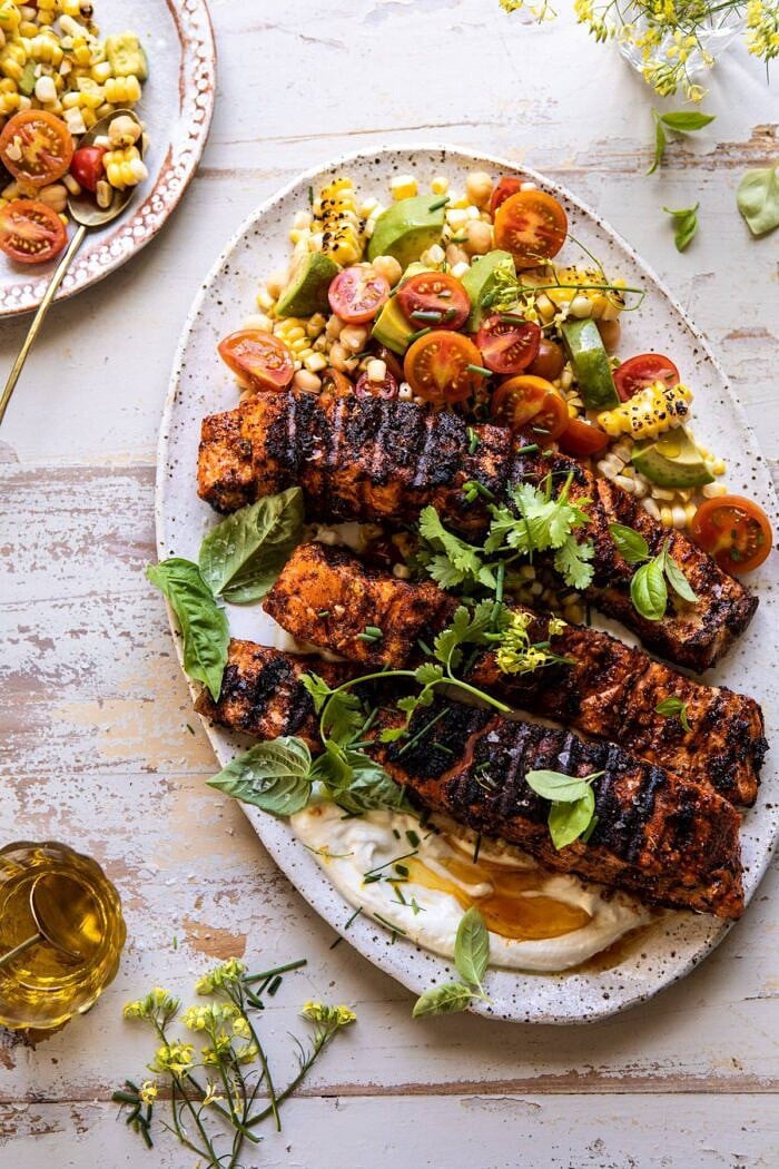 Lemon Parmesan Salmon with Corn, Tomato, and Avocado Salad | halfbakedharvest.com #salmon #grillingrecipes #dinner
