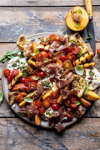 Peach Caprese Salad with Toasted Garlic Naan | halfbakedharvest.com #salad #peaches #burrata