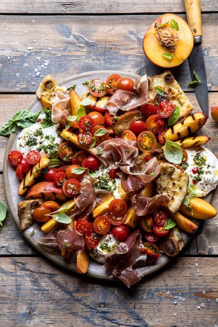 Peach Caprese Salad with Toasted Garlic Naan | halfbakedharvest.com #salad #peaches #burrata
