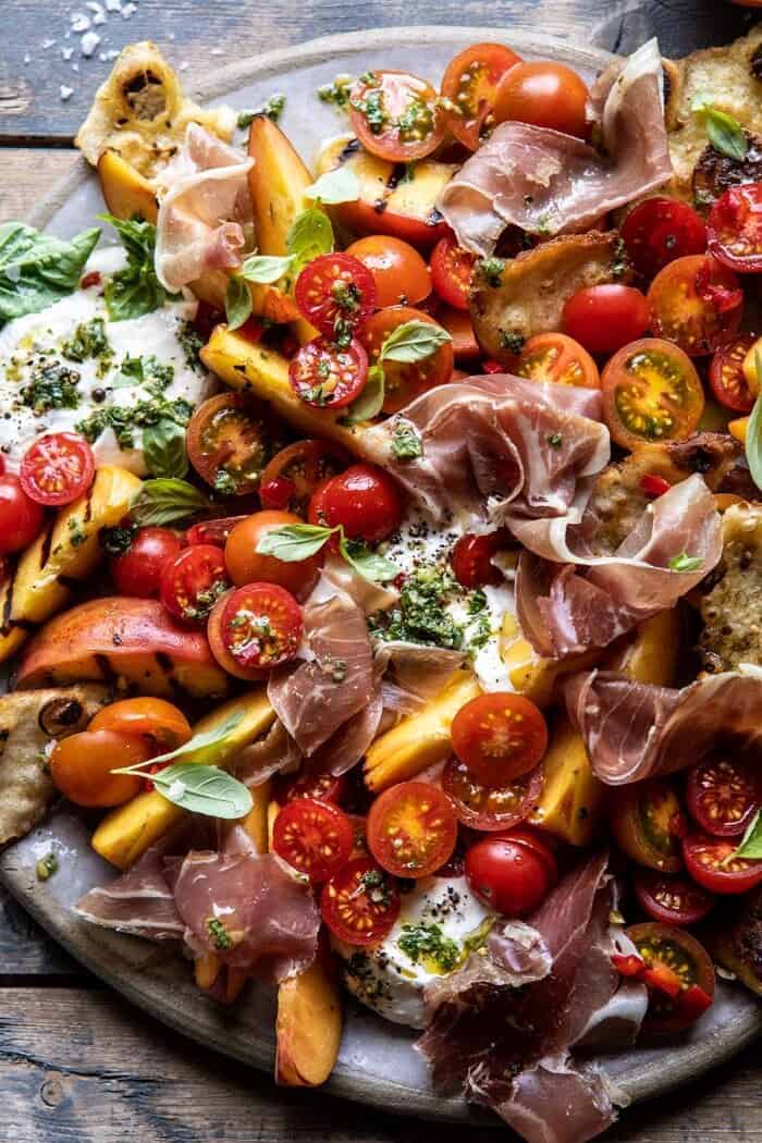overhead close up photo of Peach Caprese Salad with Toasted Garlic Naan